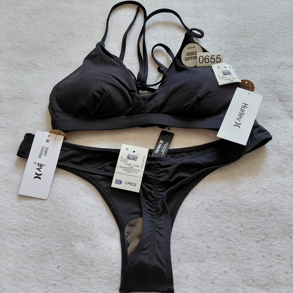 Hurley Black 2 Piece Bikini Set Large Triangle Top Skimpy Bottom Support NWT - Picture 2 of 5